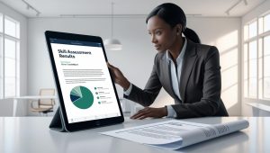 skills-based hiring - recruiter reviewing a candidate's skill assessment results on a tablet