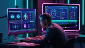 skills-based hiring -AI-powered proctoring system analyzing a candidate during an online test