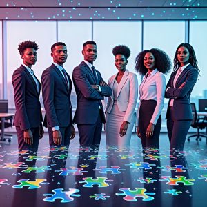 AI-enhanced ATS - business professionals in a modern office with mismatched puzzle pieces
